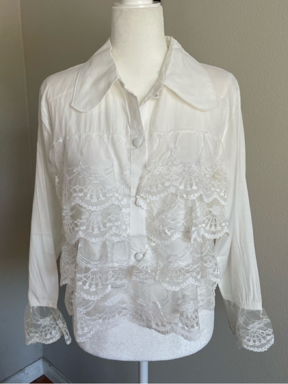 White Lace-Trim Button Front Blouse - Women